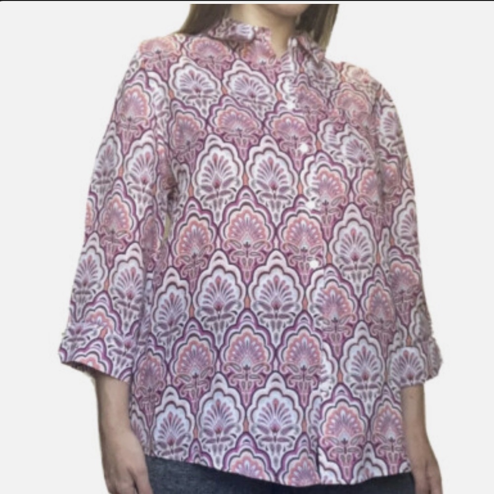 LINEN Chico's Vibrant Pink and Purple Blouse 100% Linen No Iron Boho Button XL